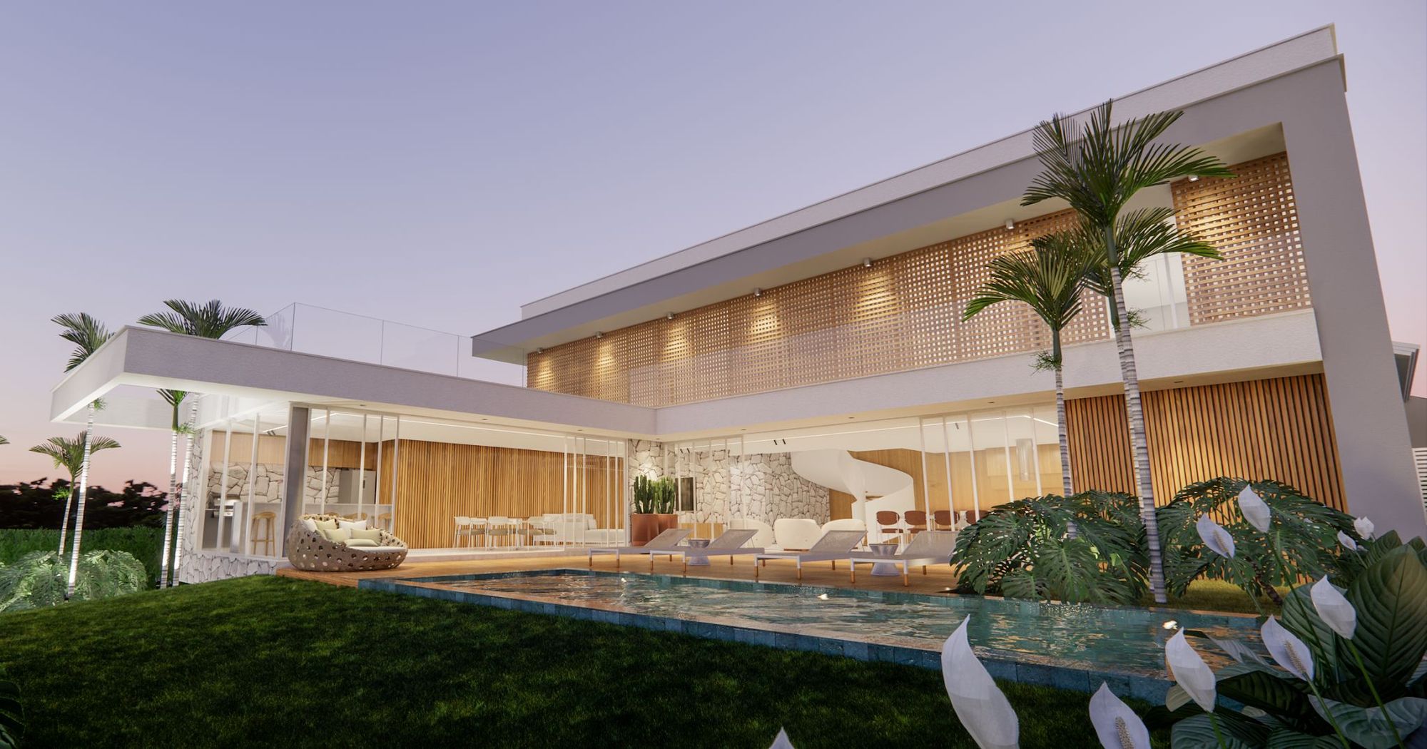 Casa com piscina, deck e jardim tropical ao entardecer